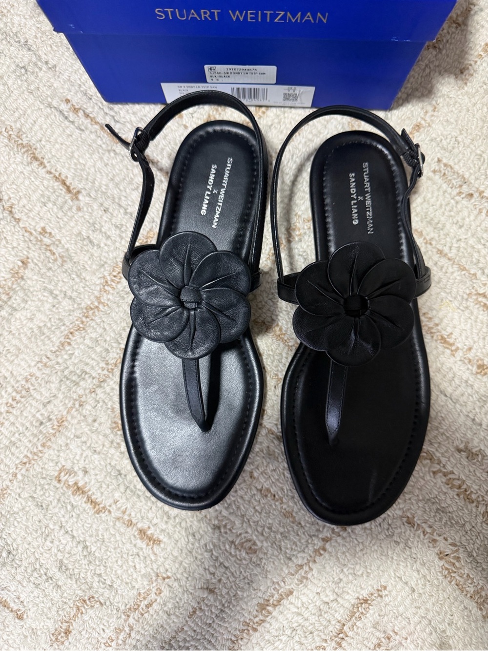 Stuart Weitzman Black Leather Floral T-Strap Sandals